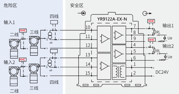 YR9122A-EX安全栅接线图 YR9122A-EX安全栅接线图