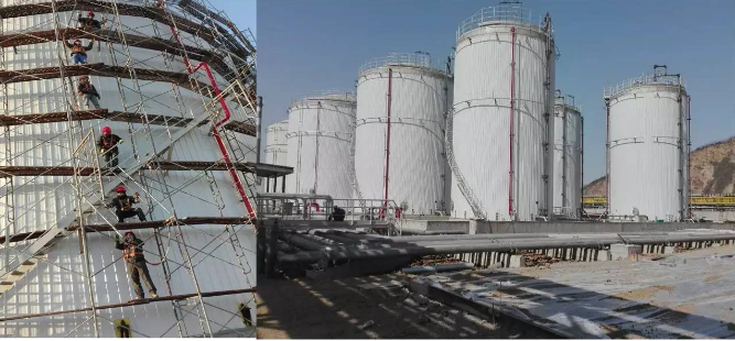 仪表工在进行罐体表面保温作业 仪表工在进行罐体表面保温作业