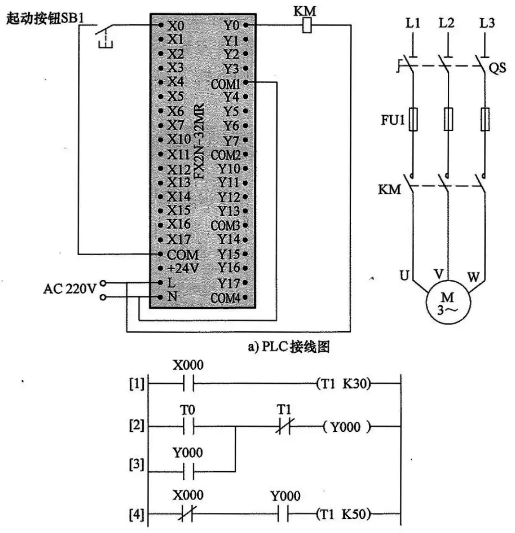 延时起动定时运行控制的PLC线路与梯形图 延时起动定时运行控制的PLC线路与梯形图