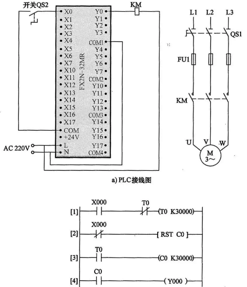 定时器与计时器组合延长定时控制的PLC线路与梯形图 定时器与计时器组合延长定时控制的PLC线路与梯形图