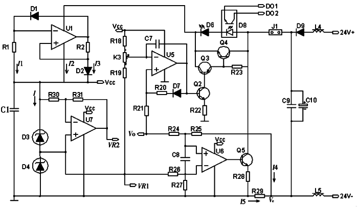 多路温度远传监测仪电源、V/I转换和报警电路 多路温度远传监测仪电源、V/I转换和报警电路