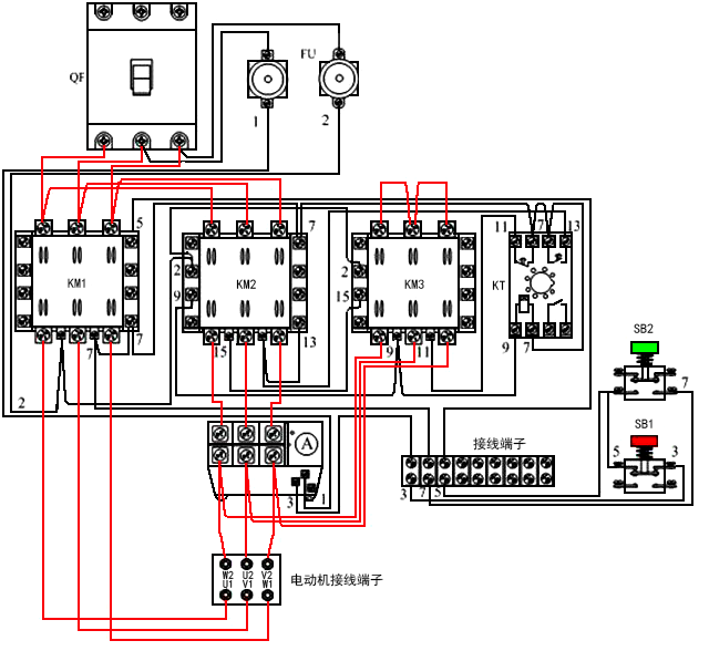 星三角降压启动电路电气元件实物连接示意图 星三角降压启动电路电气元件实物连接示意图