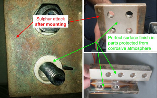 因为一旦螺栓紧固到位,实际上铜排与端子的搭接面上无硫化氧化痕迹 因为一旦螺栓紧固到位,实际上铜排与端子的搭接面上无硫化氧化痕迹